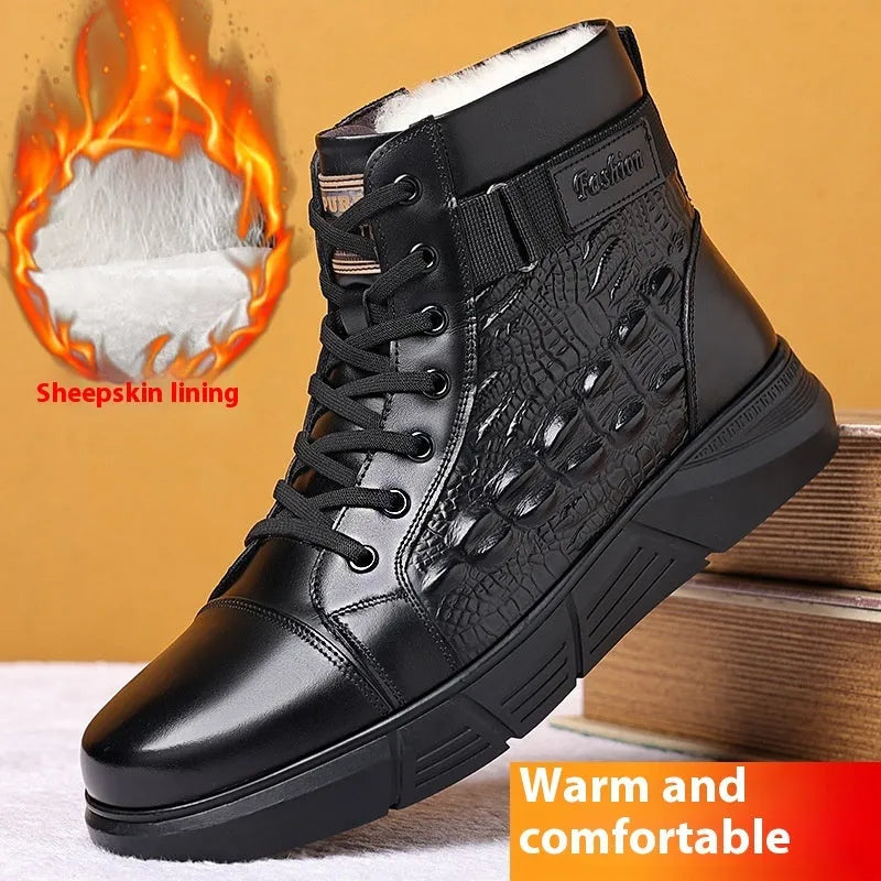 Men's black genuine leather snow boots with fur lining and lace-up front