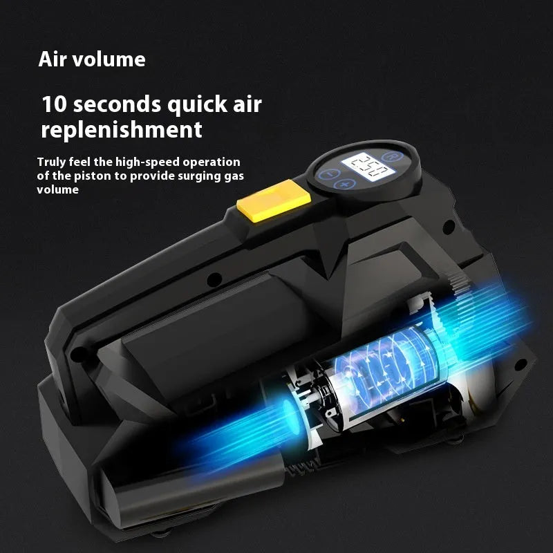 Black portable car tyre inflator with digital display and 12V connection cable