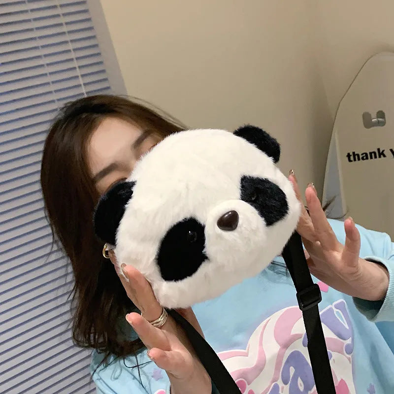 Plush panda head design crossbody bag with cylindrical shape and sandwich pocket