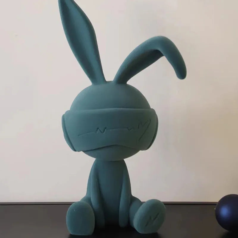 Suede blindfold rabbit resin table ornament in blue, green, or red colours