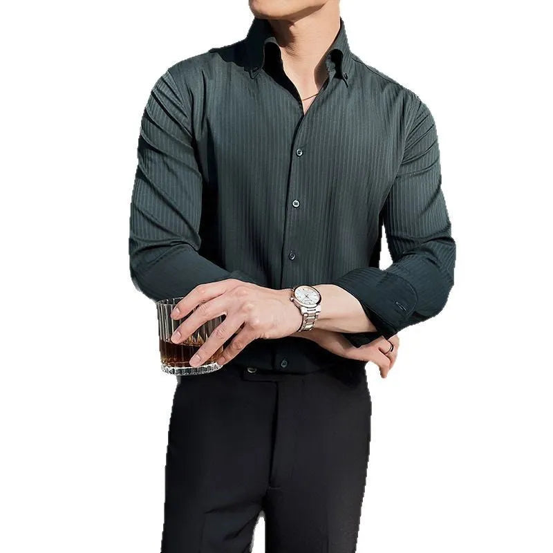 Men's dark striped V-neck long sleeve cardigan shirt in polyester blend fabric
