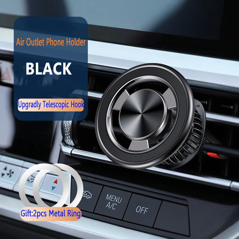 Silver and black air outlet magnetic phone holder for car dashboard mounting