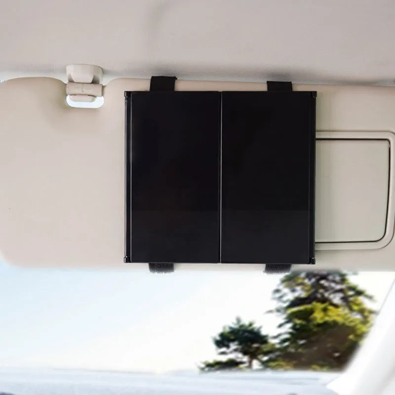 Silver car folding makeup mirror shown both closed and open with dimensions