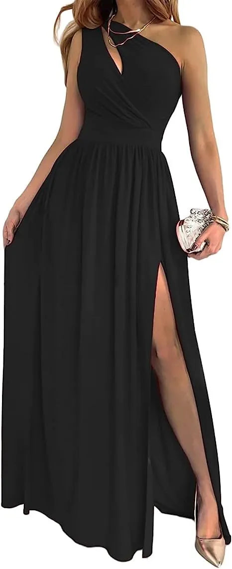 Women's apricot one shoulder maxi dress with high leg split and cutout detail.