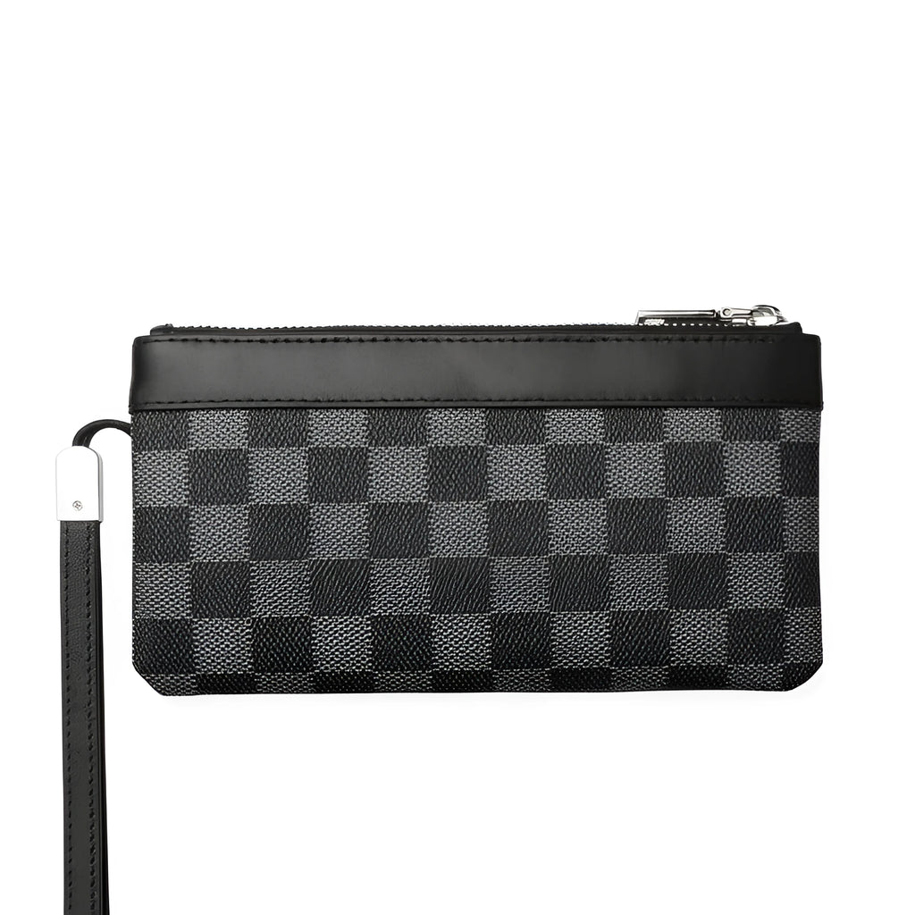 Men's black leather plaid clutch wallet showing front design and dimensions