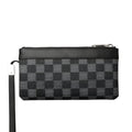 Men's black leather plaid clutch wallet showing front design and dimensions