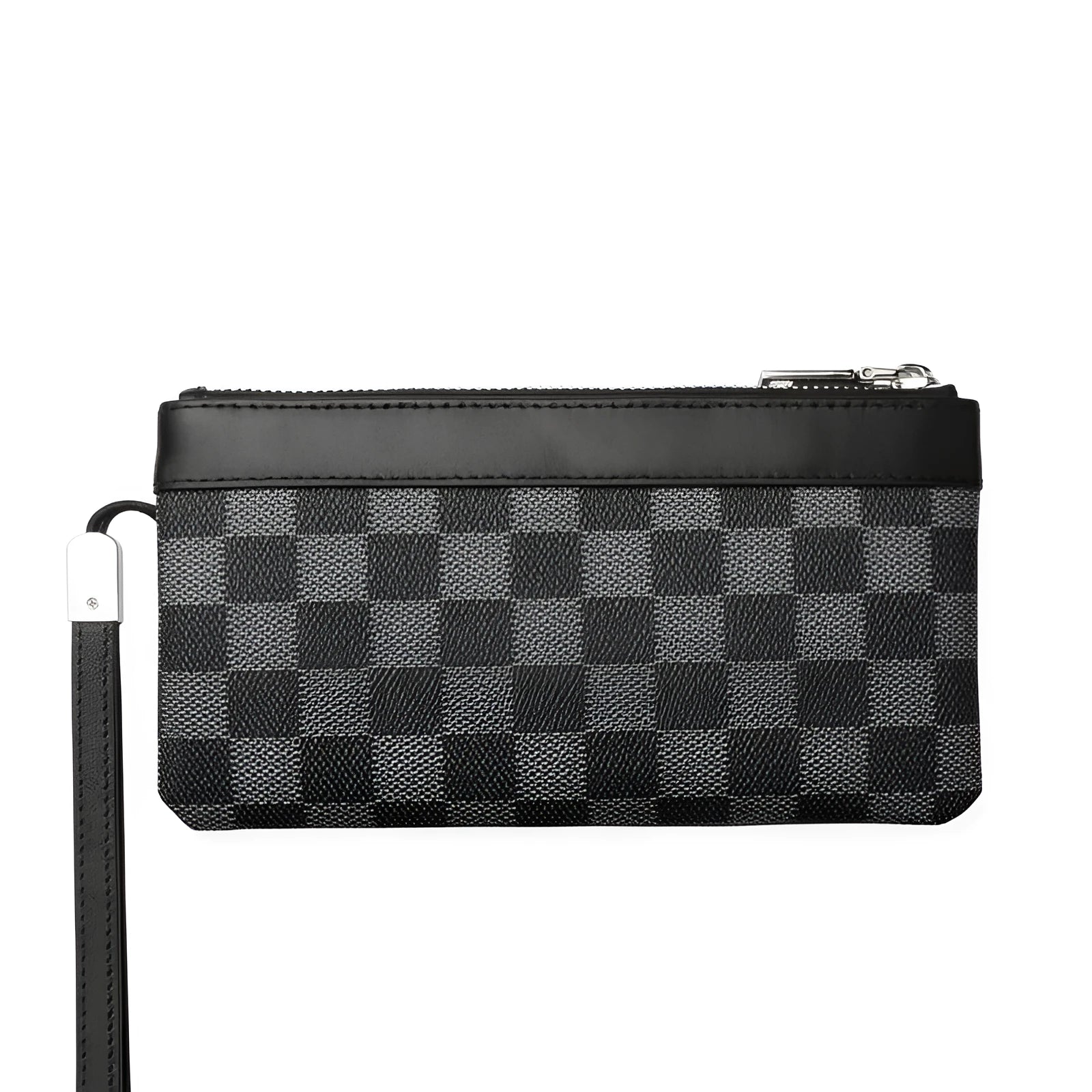 Men's black leather plaid clutch wallet showing front design and dimensions