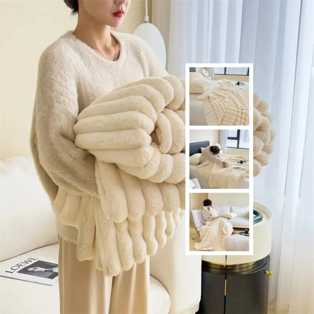 Soft Wind bubble faux rabbit fur blanket in a solid colour, showing double-sided thickening texture.