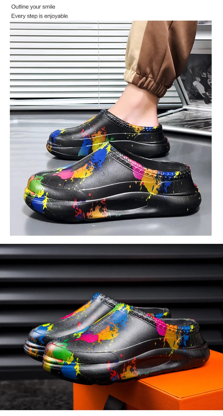 Men's black waterproof work shoes with EVA construction and toe cap design for kitchen and garden use