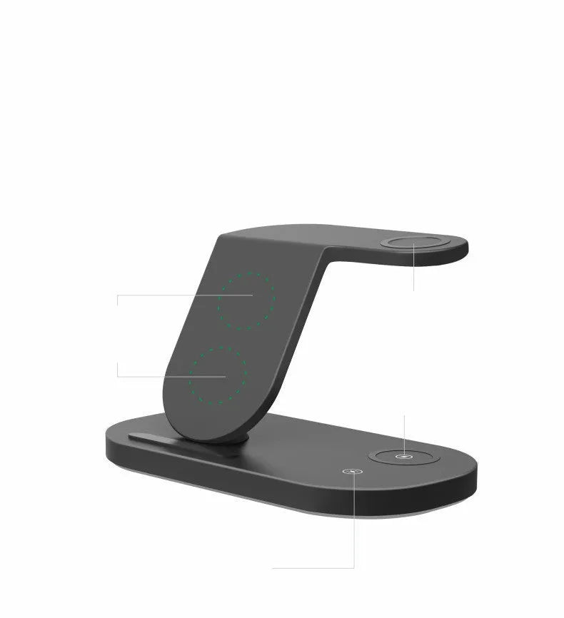 Three-in-one wireless charging station in black, charging a mobile phone, a smartwatch, and wireless headphones.