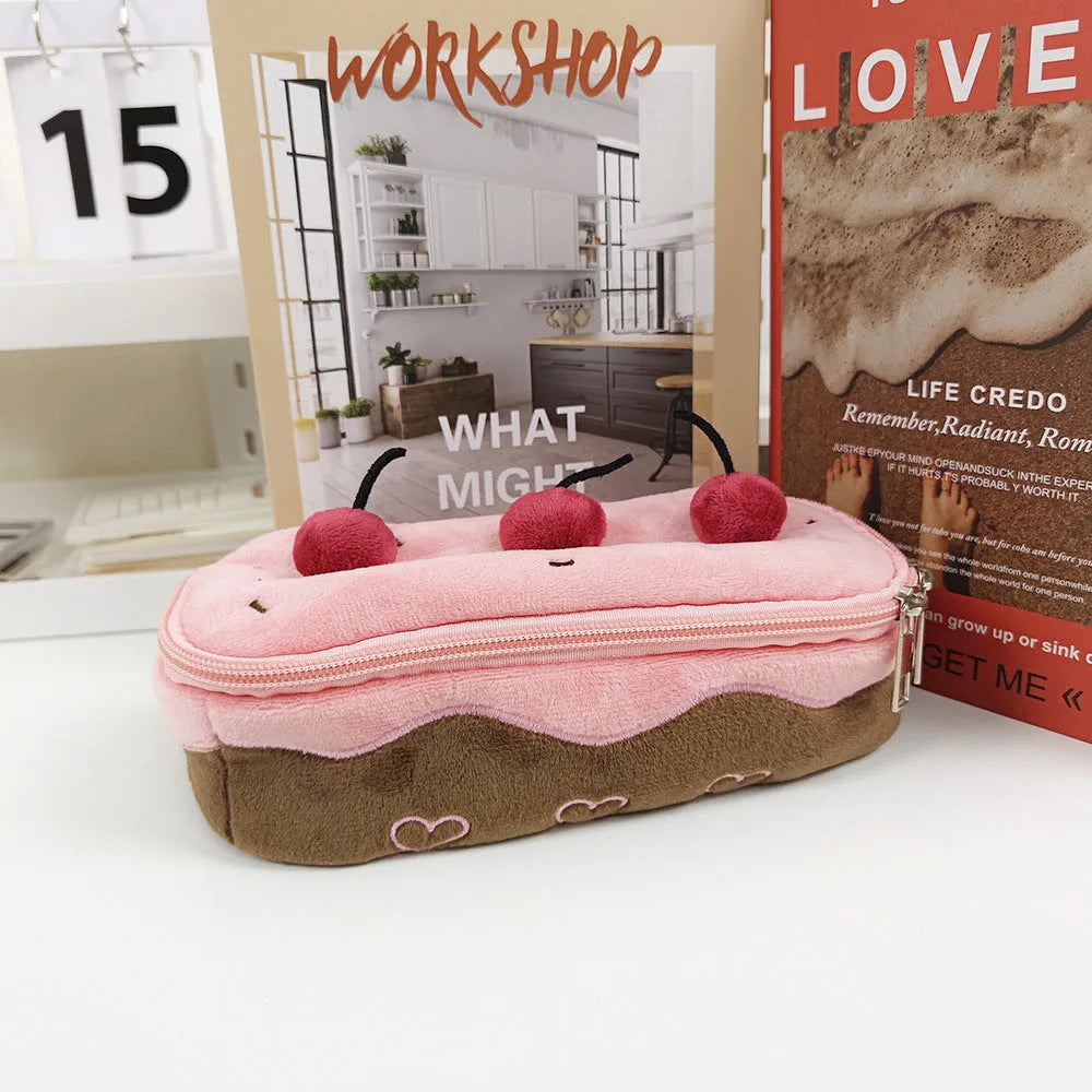 Cherry Cake design velvet pencil case in Korean style.