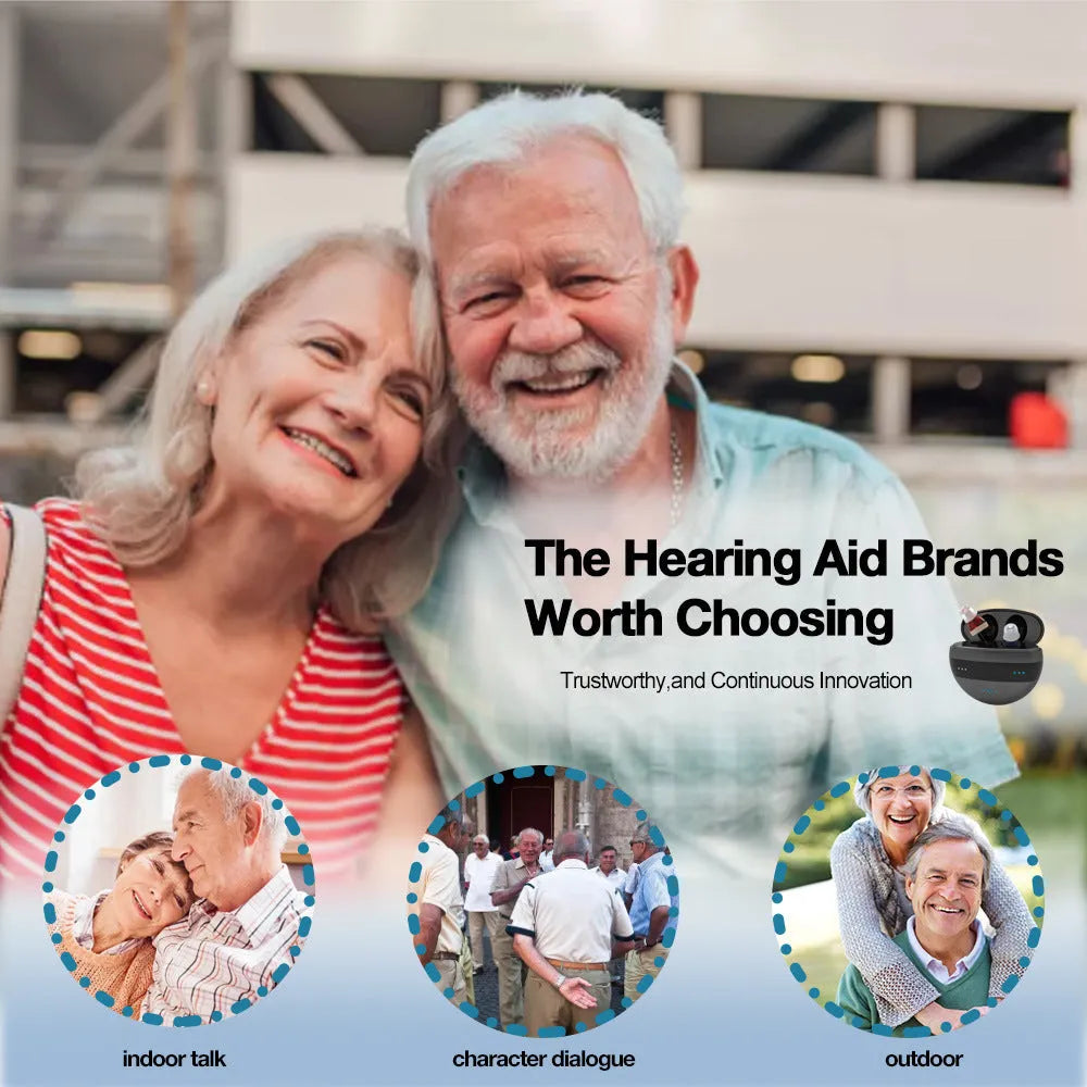 C700 red and blue in-ear digital hearing aid with charging box and ear plugs on a white background.