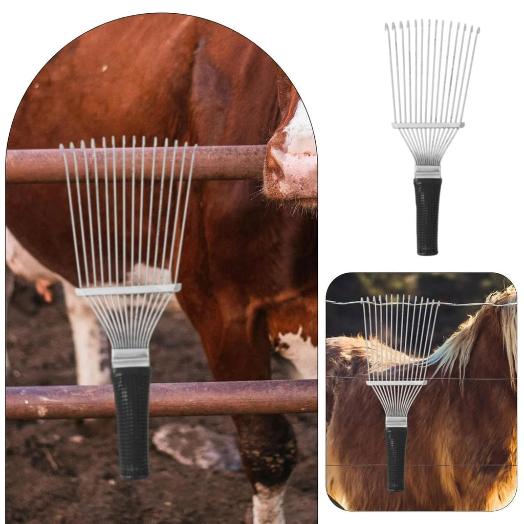 Black stainless steel animal grooming rake with curved teeth, 33 cm length