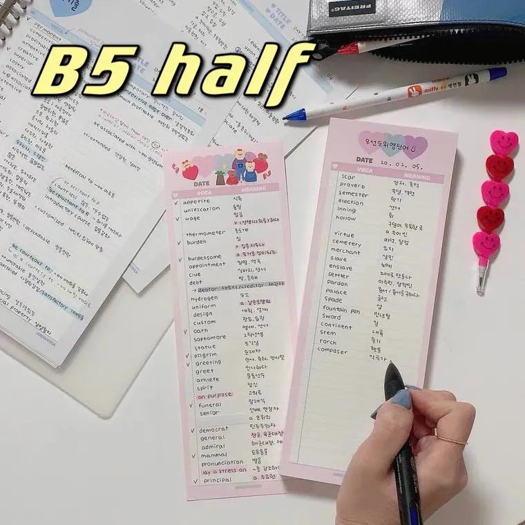 Half B5 vertical notepad in pink, purple or blue cover measuring 9.1 by 25.7 cm with 30 sheets