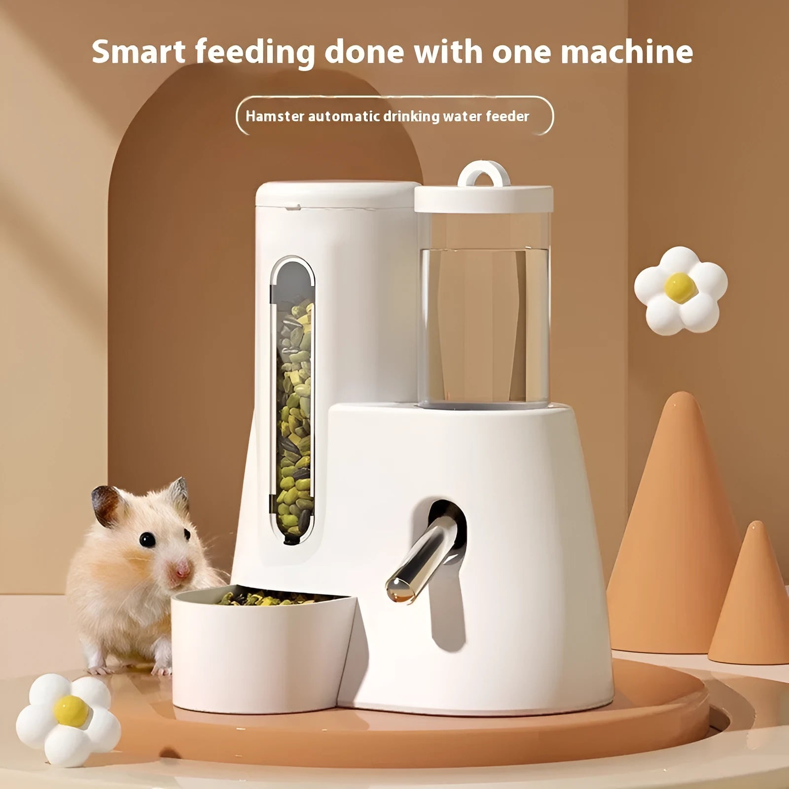 Blue automatic hamster drinking bottle feeder with food basin attached to cage bars.