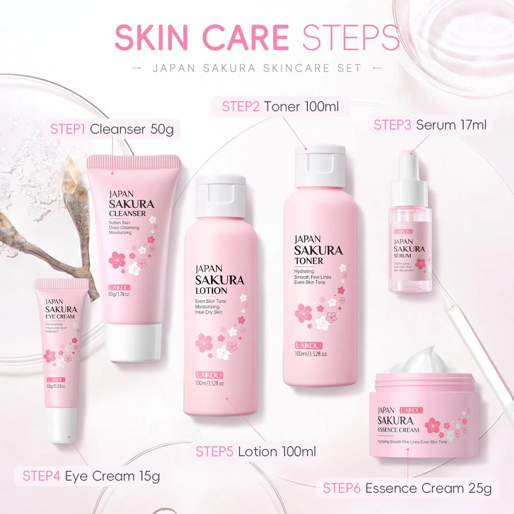 Cherry Blossom 6-piece skin care set with cleansing and brightening facial products