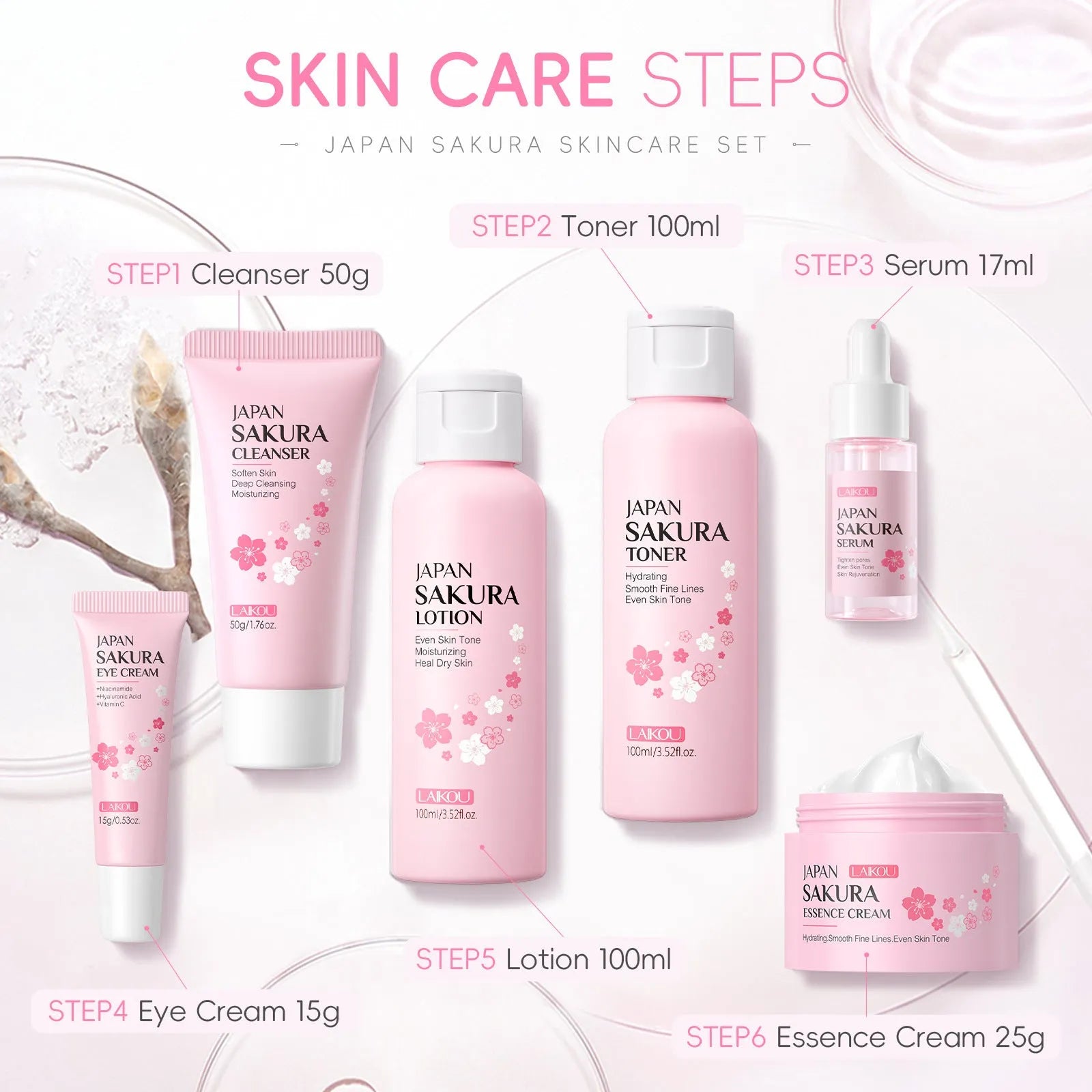 Cherry Blossom 6-piece skin care set with cleansing and brightening facial products