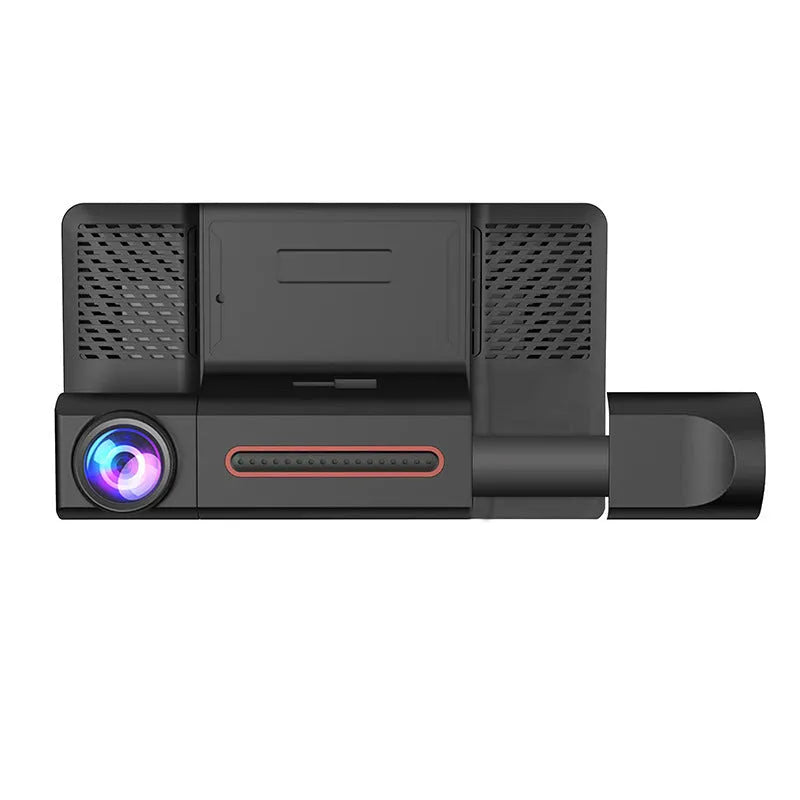 Black three lens dashcam with 4 inch touch screen for front and rear vehicle recording