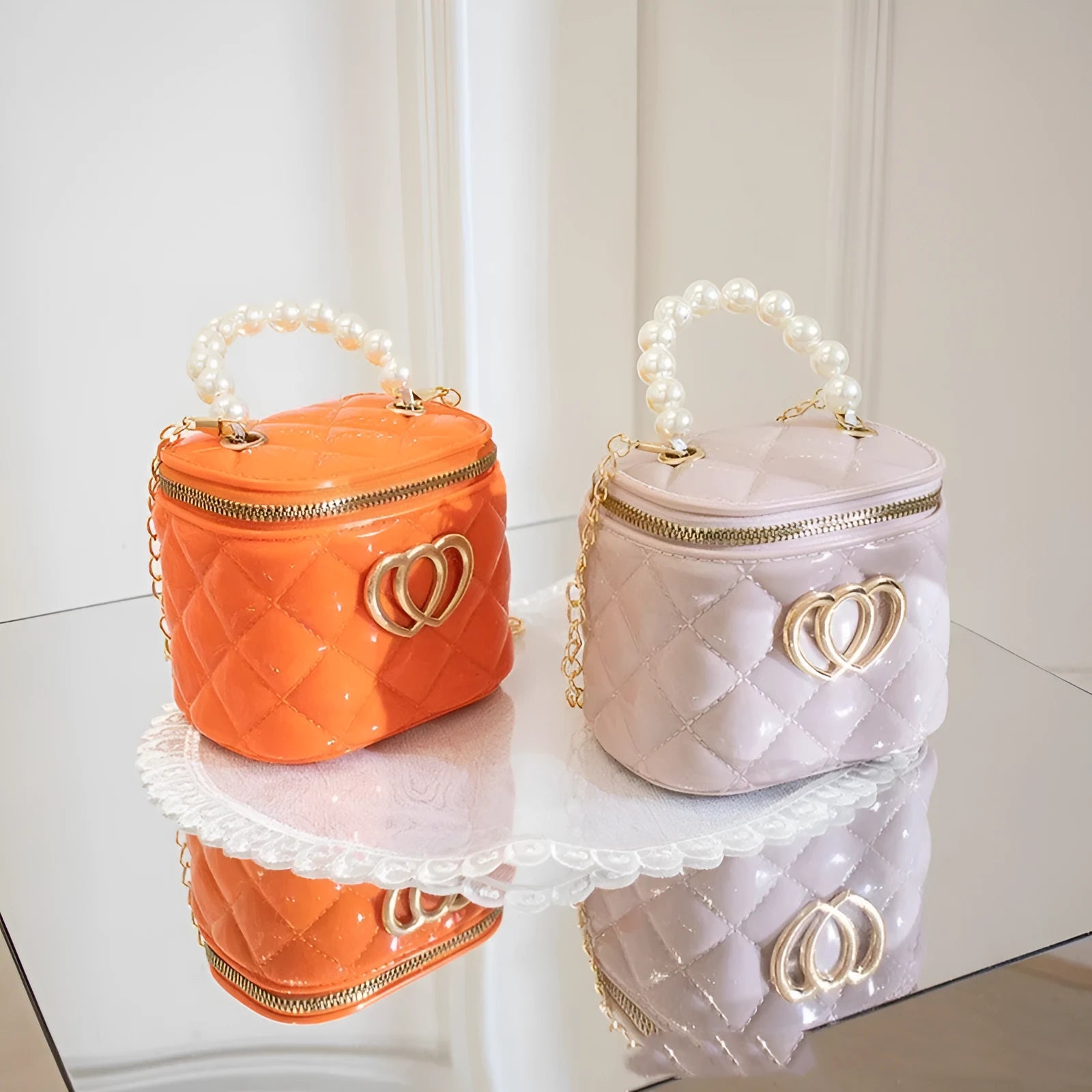 PVC bucket gel bag with heart pattern in apricot colour showing bucket shape design