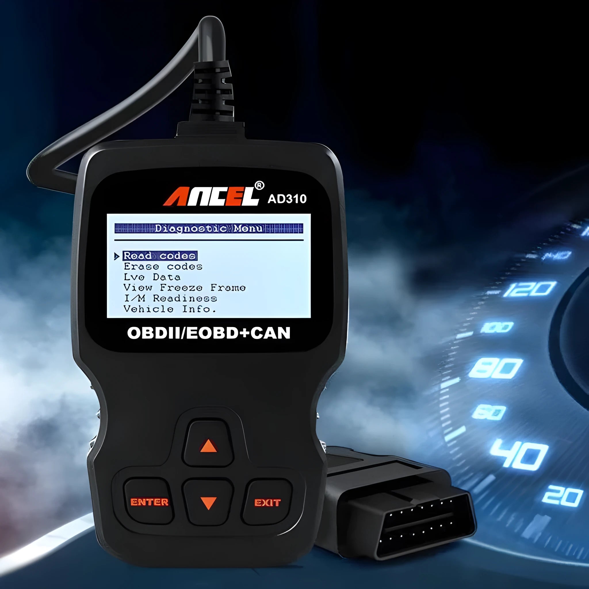 Black OBD2 automobile fault detector scanner for engine diagnostics