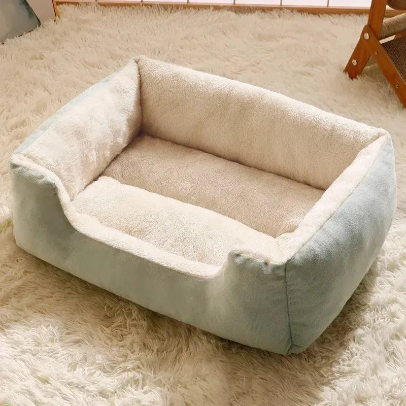 Short plush pet bed cushion shown in multiple colours and labelled sizes from S to XXL.