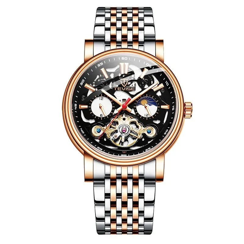 Men's fashion tourbillon watch with luminous hands on a leather strap, showing a black case.