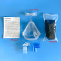 Transparent silicone CPAP breathing mask with headgear and two rotary adapter elbows on a white background.
