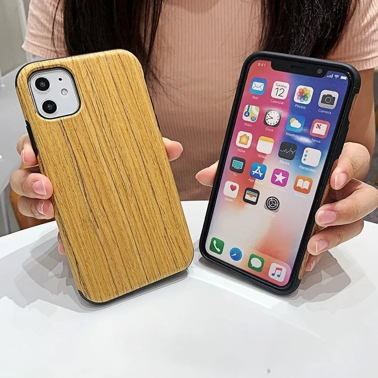 Slim wooden back cover case for iPhone showing natural rosewood grain texture.