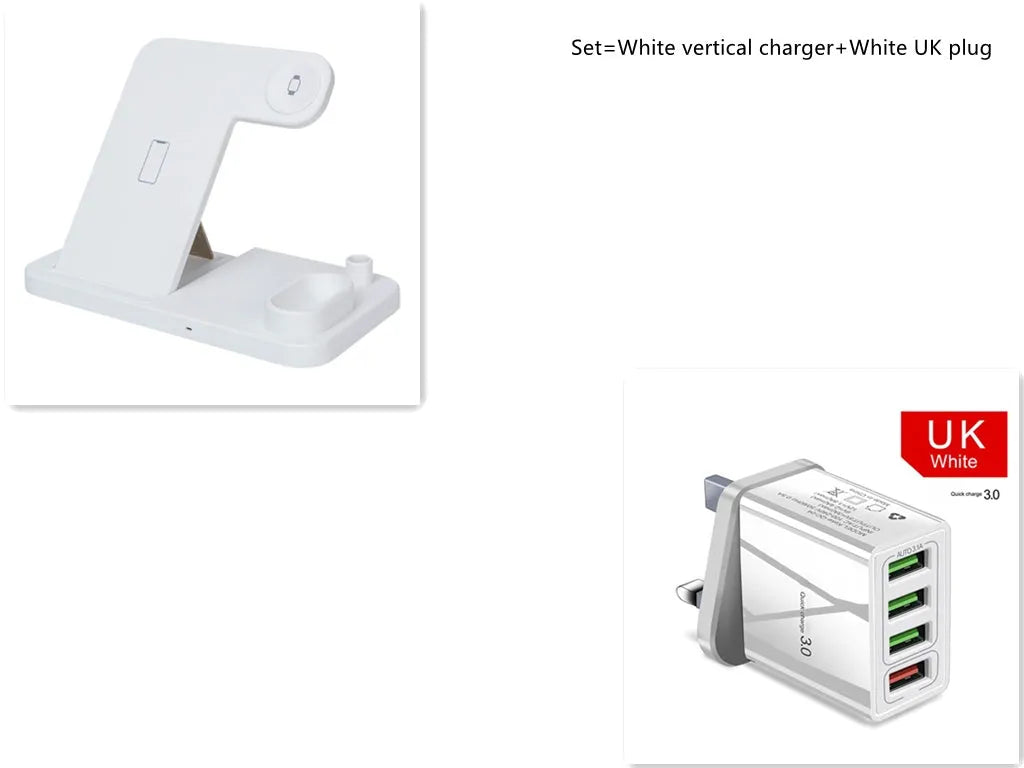 4-in-1 adjustable wireless charging station showing phone, watch, earbuds and pencil charging on a desk.