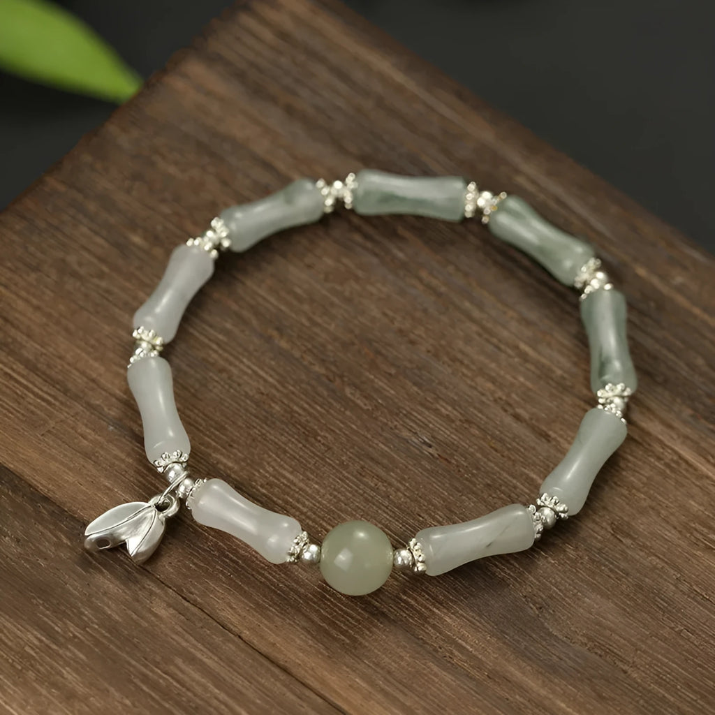 Women's antique silver bracelet with Tianshan green bamboo and bamboo joint design elements