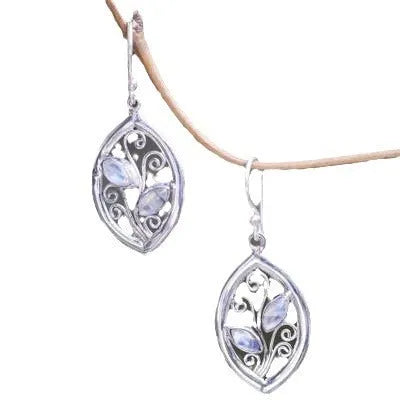 Women's silver alloy leaf earrings with embedded colourful moonstone and diamond treatment