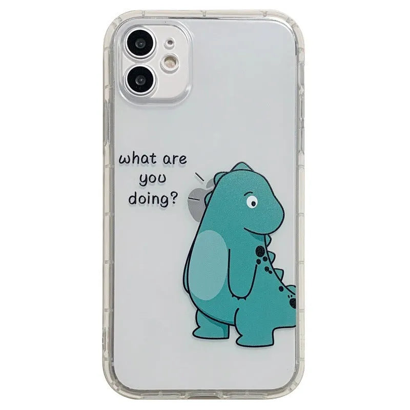 Transparent airbag shockproof mobile phone case for iPhone with green dinosaur design on clear back.