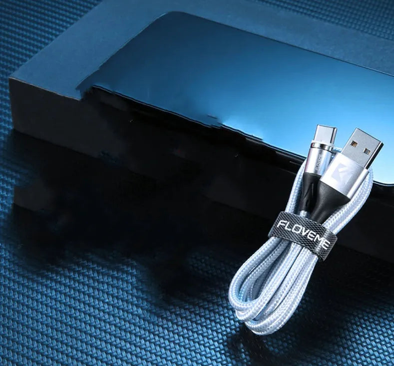 Magnetic data cable with LED side lights in black, red, or silver colour, compatible with Apple iPhone, Android, and Type-C devices