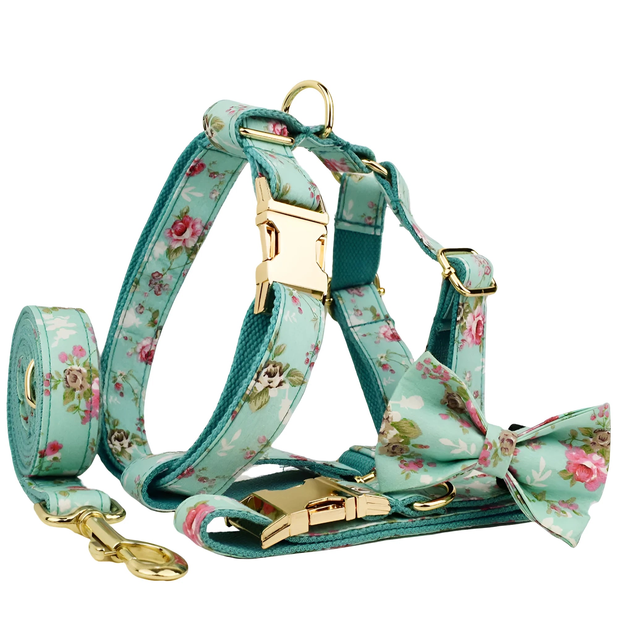 Rose patterned fabric dog collar set with green background and detachable bow accessory