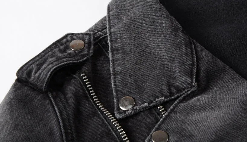 Black slim fit linen denim jacket with zipper front, zipper pockets, and lapel collar on a person