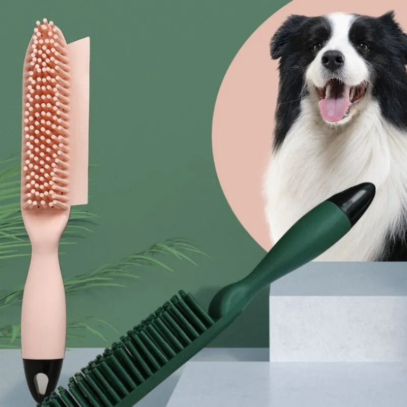 Green dog brush with pet hair remover and massage function next to wool sticker for fabric cleaning