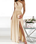 Women's apricot one shoulder maxi dress with high leg split and cutout detail.