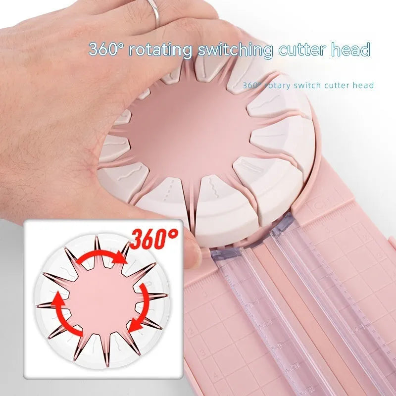 Plastic 12-in-1 paper cutting machine in pink or black colours with dotted cutting mechanism