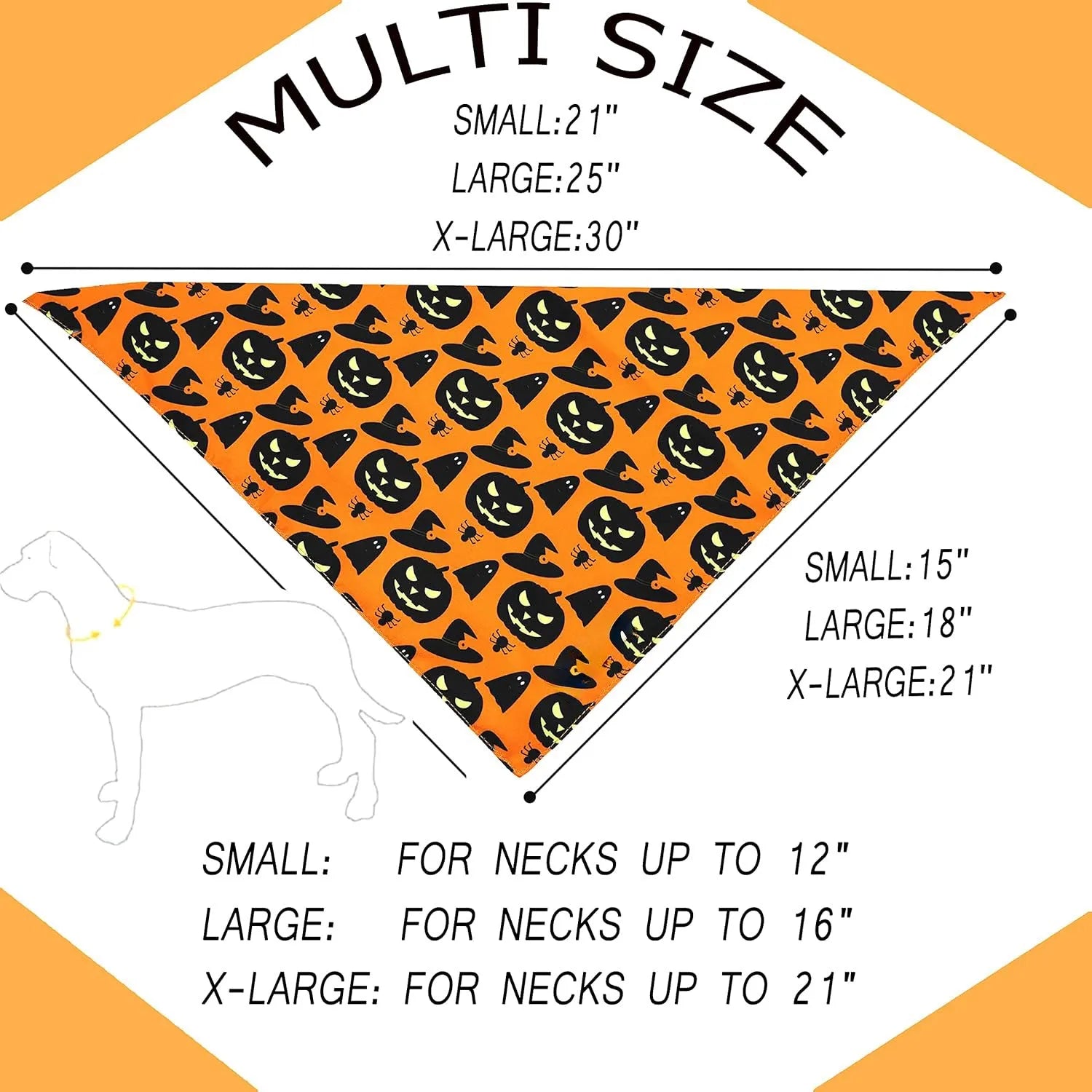 Black and orange reversible Halloween dog bandana with pumpkin and spider web patterns on a dog.