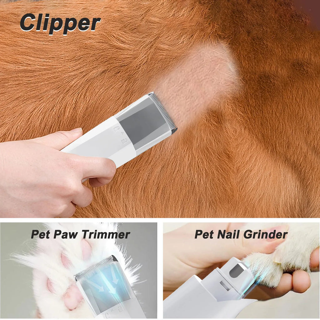 White cordless vacuum pet grooming device with multiple attachment heads for dog coat trimming