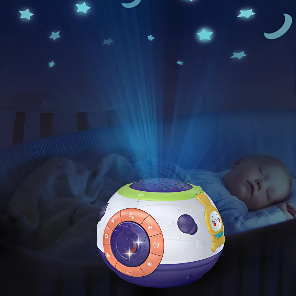 White starry sky night light projector for children on a table, showing colourful light projection.