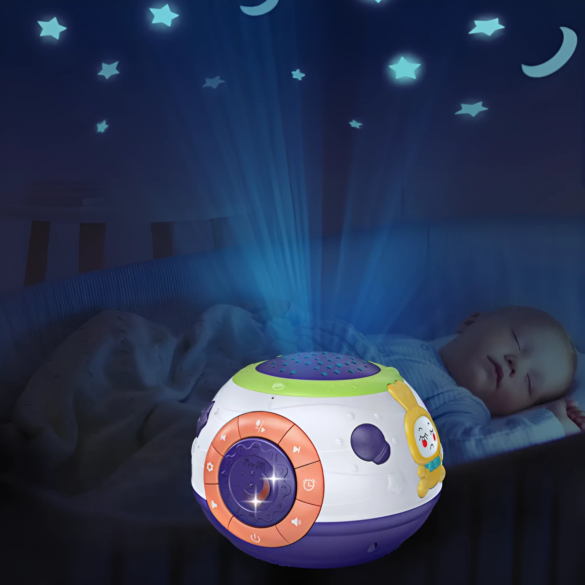 White starry sky night light projector for children on a table, showing colourful light projection.
