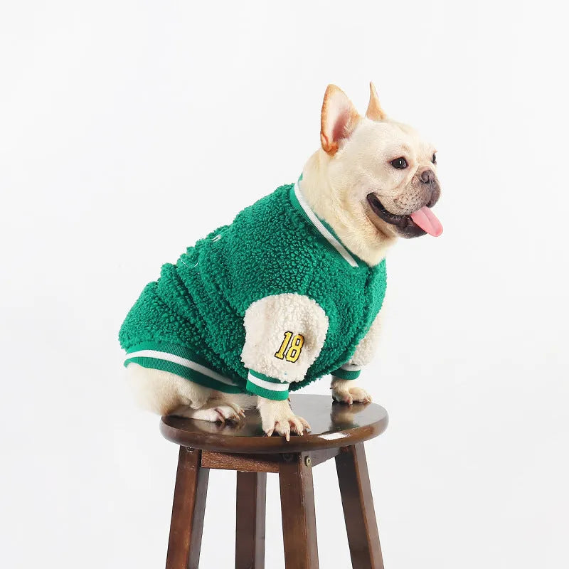 Green fleece-lined dog coat for winter with cotton exterior and multiple size options
