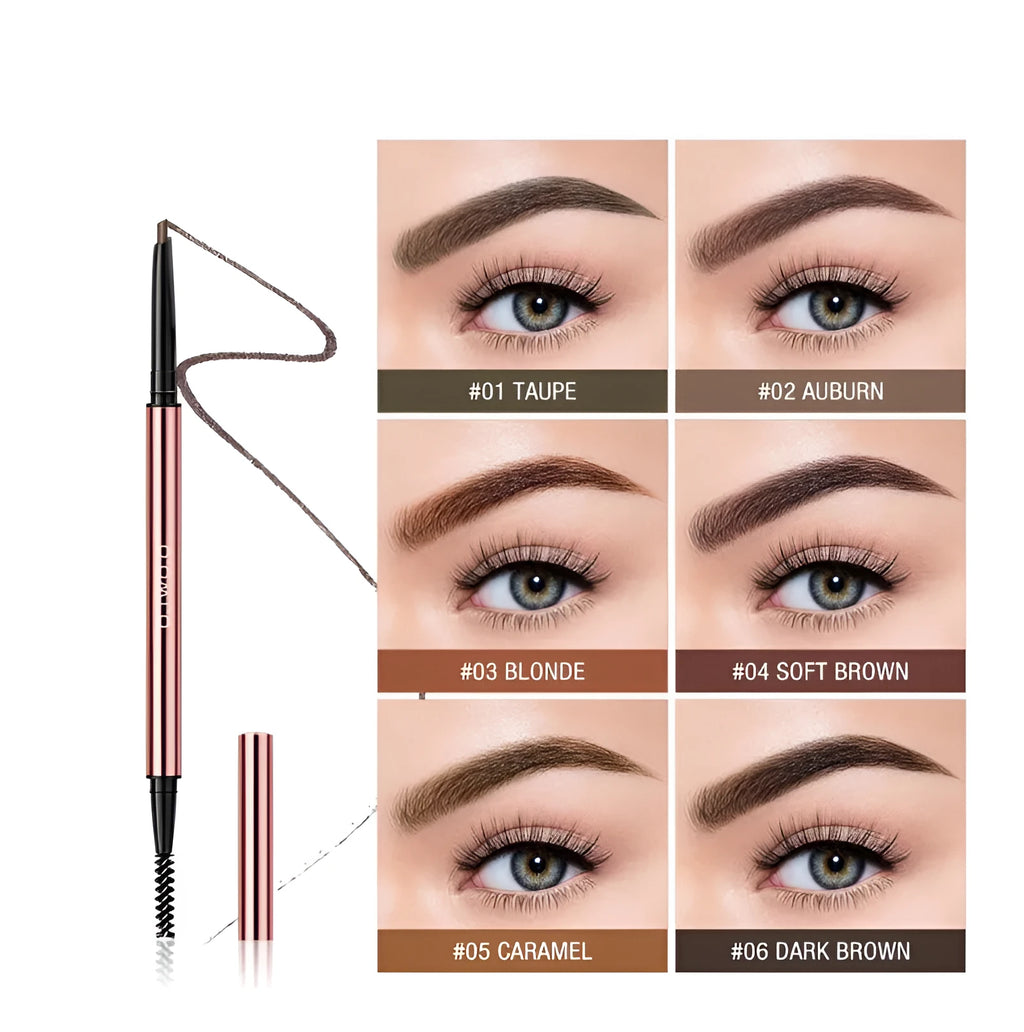 Brow makeup pencil in colour box with six shade options including Auburn, Blonde, Caramel, Dark Brown, Soft Brown, and Taupe.