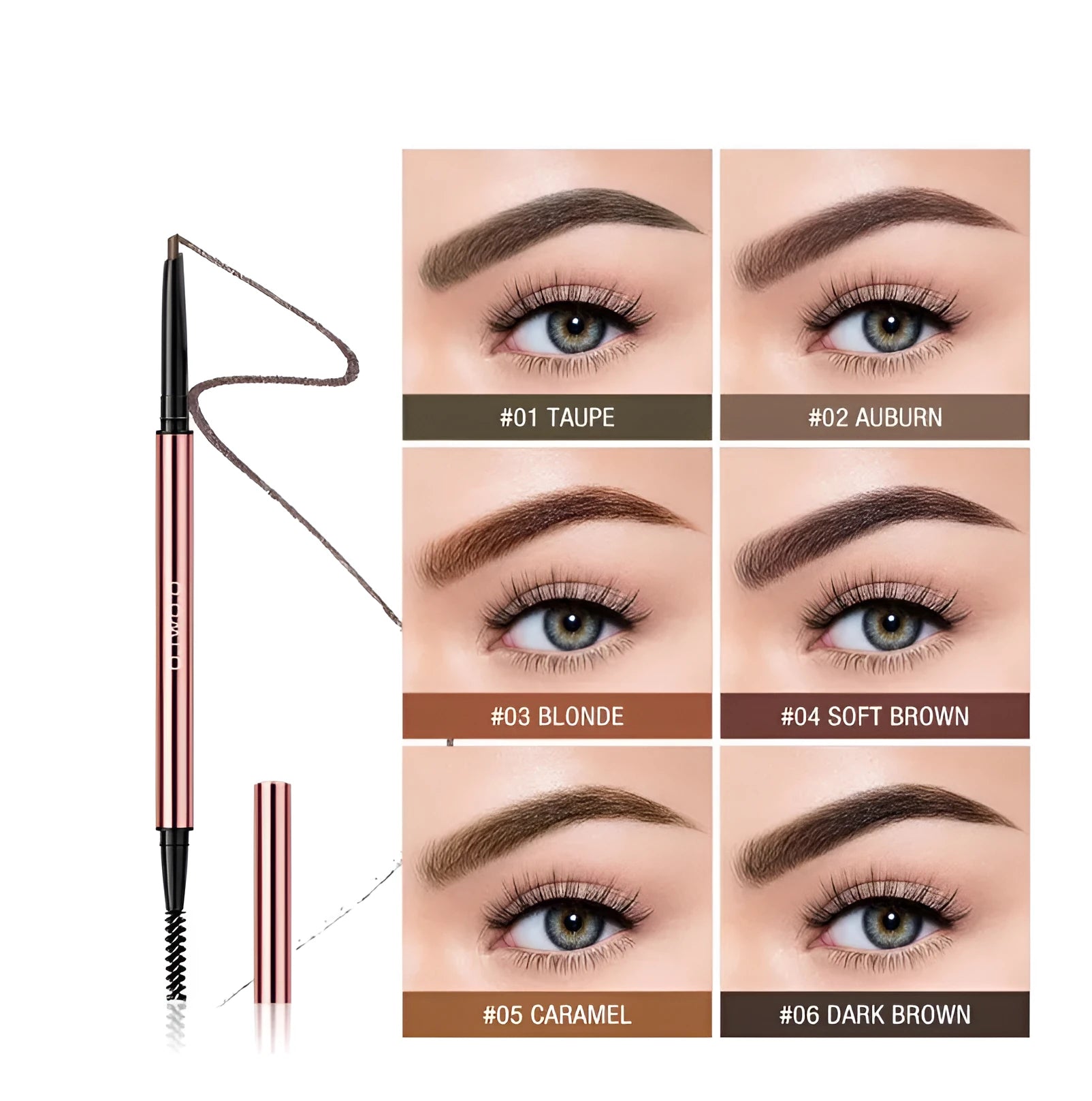 Brow makeup pencil in colour box with six shade options including Auburn, Blonde, Caramel, Dark Brown, Soft Brown, and Taupe.