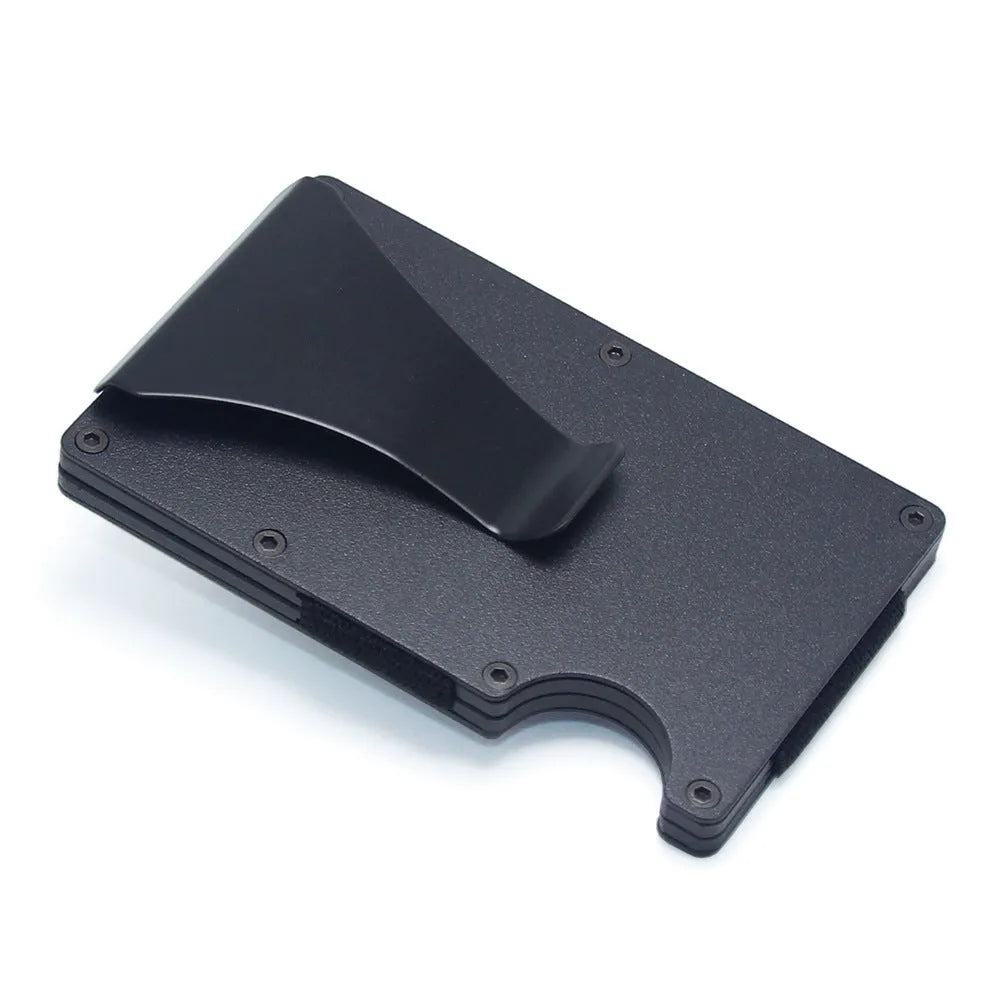 Slim geometric carbon fibre card wallet in multiple colours on a gift box.