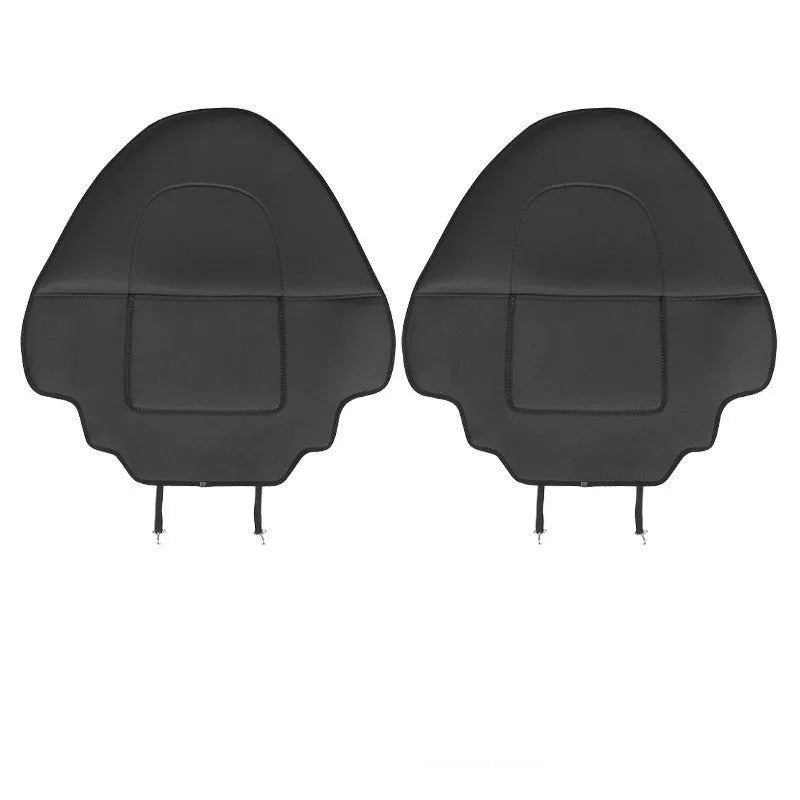 Black leather rear anti kick pad for car seats with a single pocket, shown alongside a tape measure indicating 68cm by 42cm dimensions.