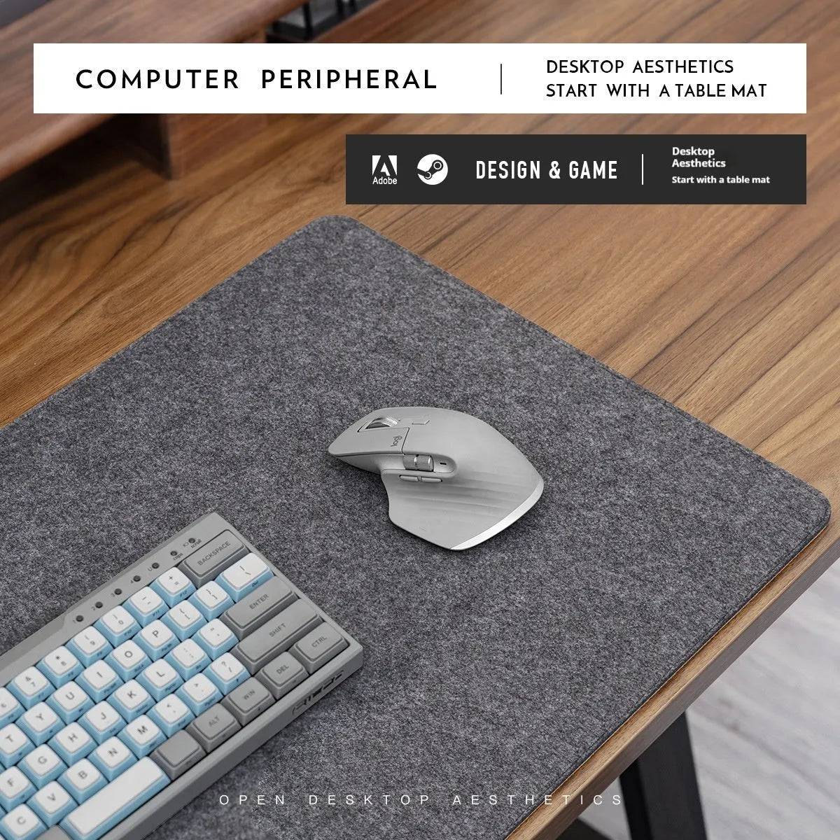 Oversized winter warm desk mat with felt and cork construction on wooden desk