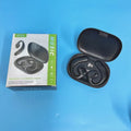 Black ear-mounted Bluetooth headset with digital display screen showing battery level.