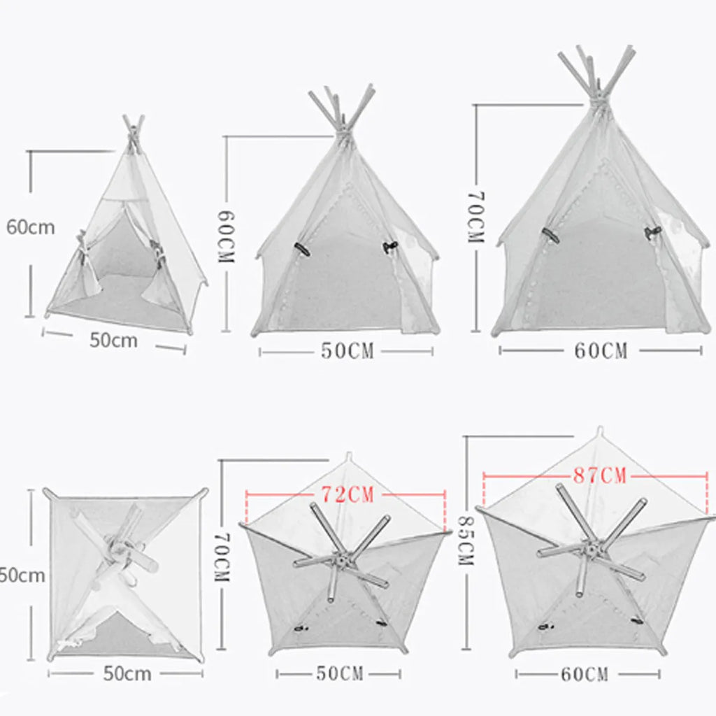 Portable pet teepee tent bed for small dogs or cats with striped flax linen cover and cushion